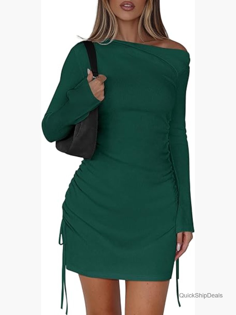 Long Sleeve Off Shoulder Ruched Bodycon Mini Cocktail Dress
